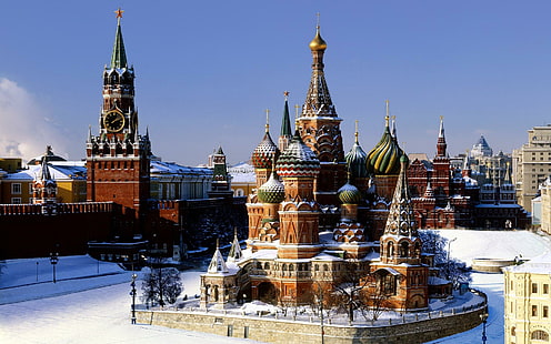 St.basils Cathedral, architecture, red square, snow, russia, cathedral, moscow, winter, animals, HD wallpaper HD wallpaper