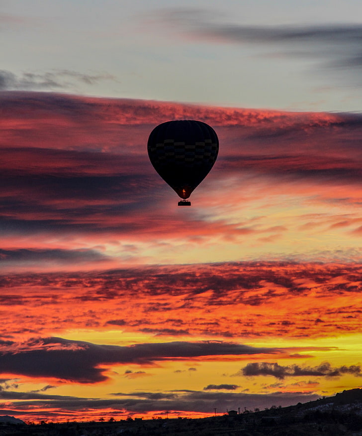 black hot air balloon, air balloon, sky, flight, sunset, clouds, HD wallpaper