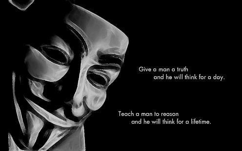 fawke mask med textoverlay, V för Vendetta, citat, mask, Anonym, typografi, monokrom, filmer, konstverk, minimalism, HD tapet HD wallpaper