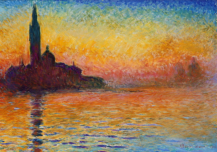 ภาพเงาปราสาท, ทะเล, ท้องฟ้า, ภูมิทัศน์, หอคอย, รูปภาพ, โบสถ์, เวนิส, Claude Monet, วอลล์เปเปอร์ HD