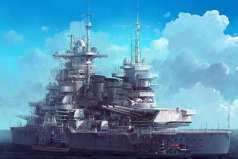 fondo de pantalla digital de barco gris y blanco, buque de guerra, militar, obra de arte, acorazado, Fondo de pantalla HD HD wallpaper