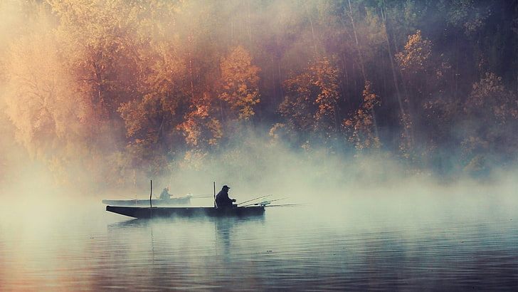 black boat and trees, two men riding on boats fishing, nature, landscape, trees, water, lake, boat, mist, morning, fisherman, fall, forest, men, fishing, HD wallpaper