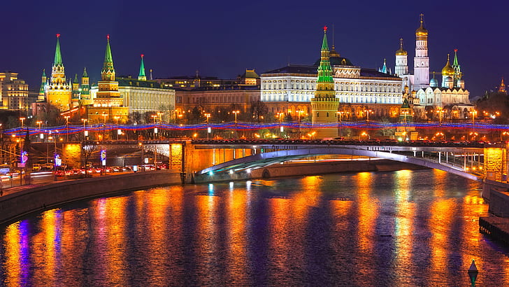 Moskva, Ryssland, stadsnatt, Kreml, floden, ljus, Moskva, Ryssland, Stad, Natt, Kreml, Floden, lampor, HD tapet