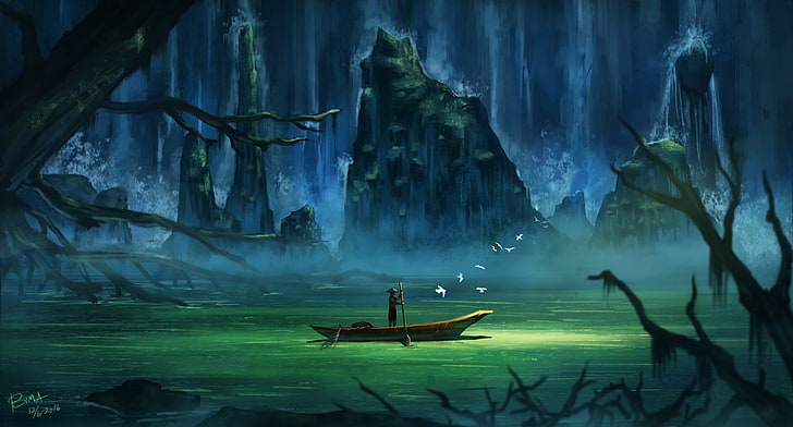 person on boat during night time illustration, river, boat, concept art, digital art, HD wallpaper