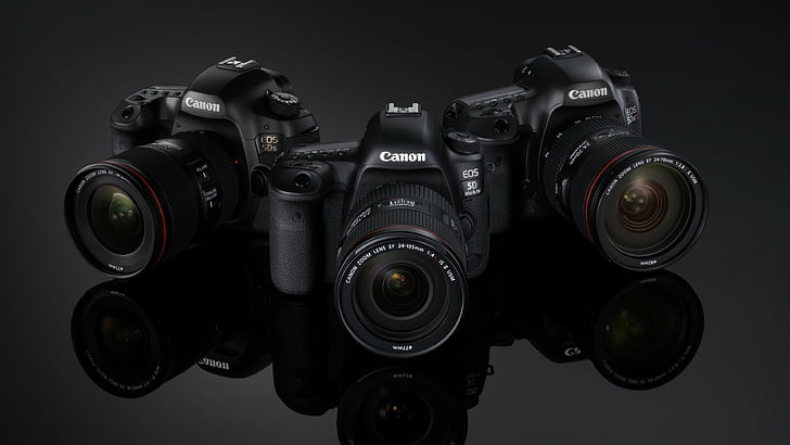 ثلاث كاميرات كانون DSLR سوداء ، كانون EOS 5D Mark IV ، فوتوكينا 2016 ، 4k ، مراجعة ، تكبير كانون ، انعكاس، خلفية HD