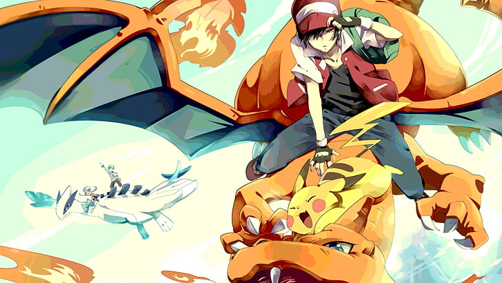 ผู้ชายกำลังขี่วอลล์เปเปอร์ดิจิทัล Charizard, Pokémon, Pikachu, Charizard, สีแดง (ตัวละคร), Lugia, วอลล์เปเปอร์ HD