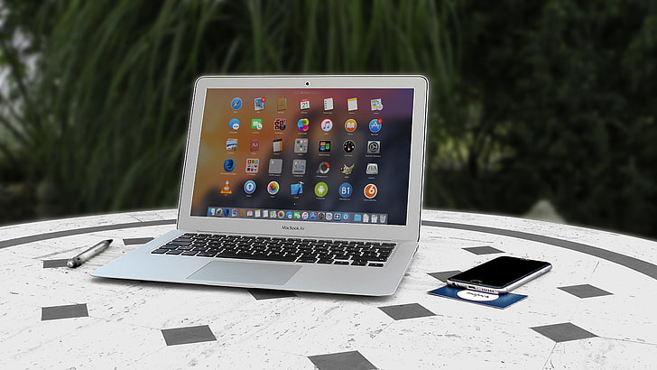 MacBook Air, apple, macbook, iphone, table, HD wallpaper