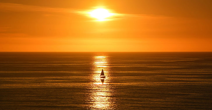 boat, boat in sun, california, coast, dusk, horizon, sail boat, sun, sunset, HD wallpaper
