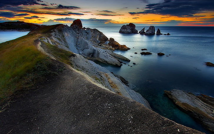 body of water, landscape, nature, sunset, coast, summer, sea, rock, sky, clouds, island, water, blue, HD wallpaper