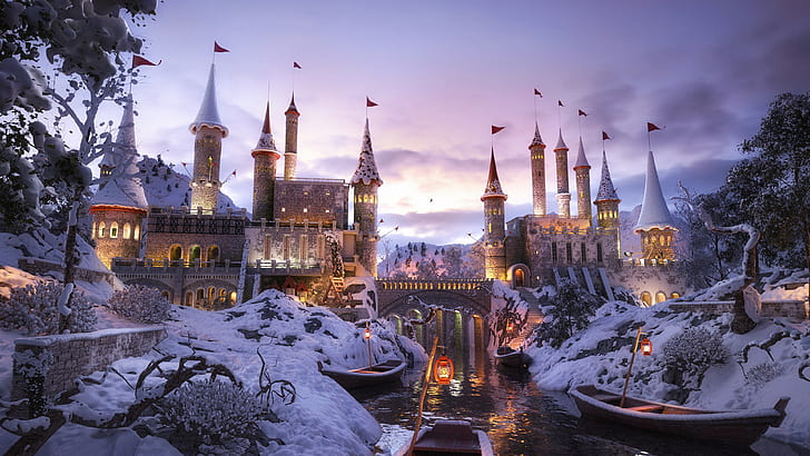 замок, зима, снег, фэнтези-арт, сказочный, сказочный арт, фэнтезийный замок, река, лодки, фонарь, HD обои