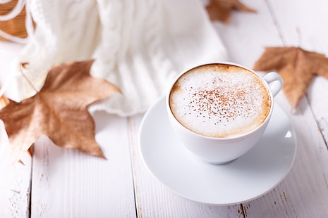 outono, folhas, plano de fundo, coloridos, madeira, copa, café, uma xícara de café, bordo, HD papel de parede HD wallpaper