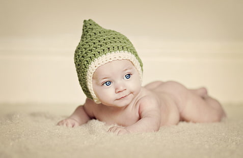 детская вязаная шапка, глаза, дети, фон, широкоформатные, обои, настроение, шапка, ребенок, малышка, зеленая, кепка, полноэкранные, HD обои, новорожденный, вязаная, полноэкранные, HD обои HD wallpaper