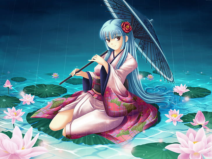 Anime, Girl, Kimono, Lily Pad, Parasol, Pond, Water Lily, HD wallpaper