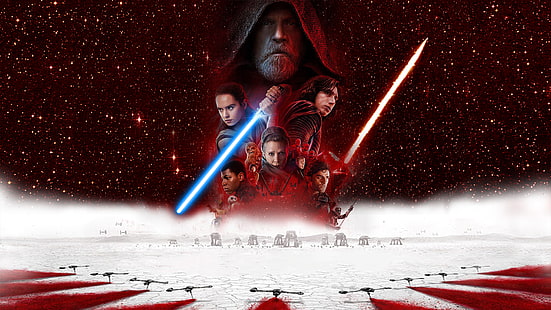Rey (da Star Wars), Luke Skywalker, Princess Leia, spada laser, Star Wars: The Last Jedi, Kylo Ren, film, Sfondo HD HD wallpaper