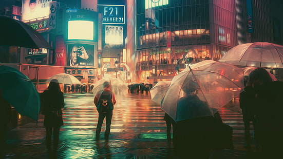 grupo de personas bajo un fondo de pantalla translúcido, Masashi Wakui, fotografía, manipulación de fotos, paraguas, luces de neón, Fondo de pantalla HD HD wallpaper