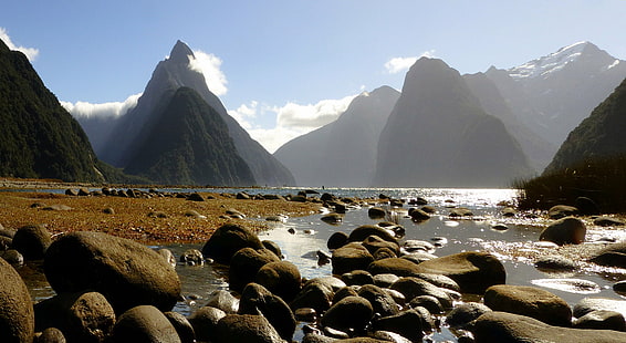 山間の海岸の風景写真、ミルフォードサウンドNZ、風景、写真、海岸、山、国立公園、フィヨルドランド国立公園、国立公園ニュージーランド、Lumix FZ200、マイターピーク、探検、ブリッジカメラ、パブリックドメイン、献身、CC0、geoタグ付き、flickr、恋人、写真、自然、山、風景、アウトドア、山のピーク、岩-オブジェクト、 HDデスクトップの壁紙 HD wallpaper