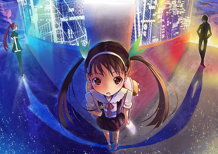 anime girls, Monogatari Series, Senjougahara Hitagi, Hachikuji Mayoi, Araragi Koyomi, HD wallpaper