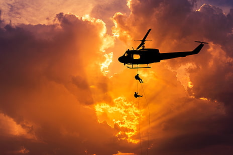 Soldiers, Army, 5K, Rappelling, Silhouette, Helicopter, HD wallpaper HD wallpaper