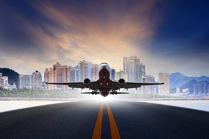 the sky, asphalt, mountains, the city, the plane, background, photoshop, runway, passenger, takes off, HD wallpaper
