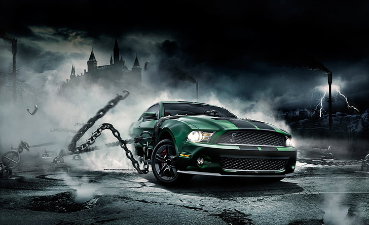 Mustang Shelby, papel de parede cupê verde e preto, Carros, Ford, Escuro, Castelo, Relâmpago, Shelby, mustang, HD papel de parede