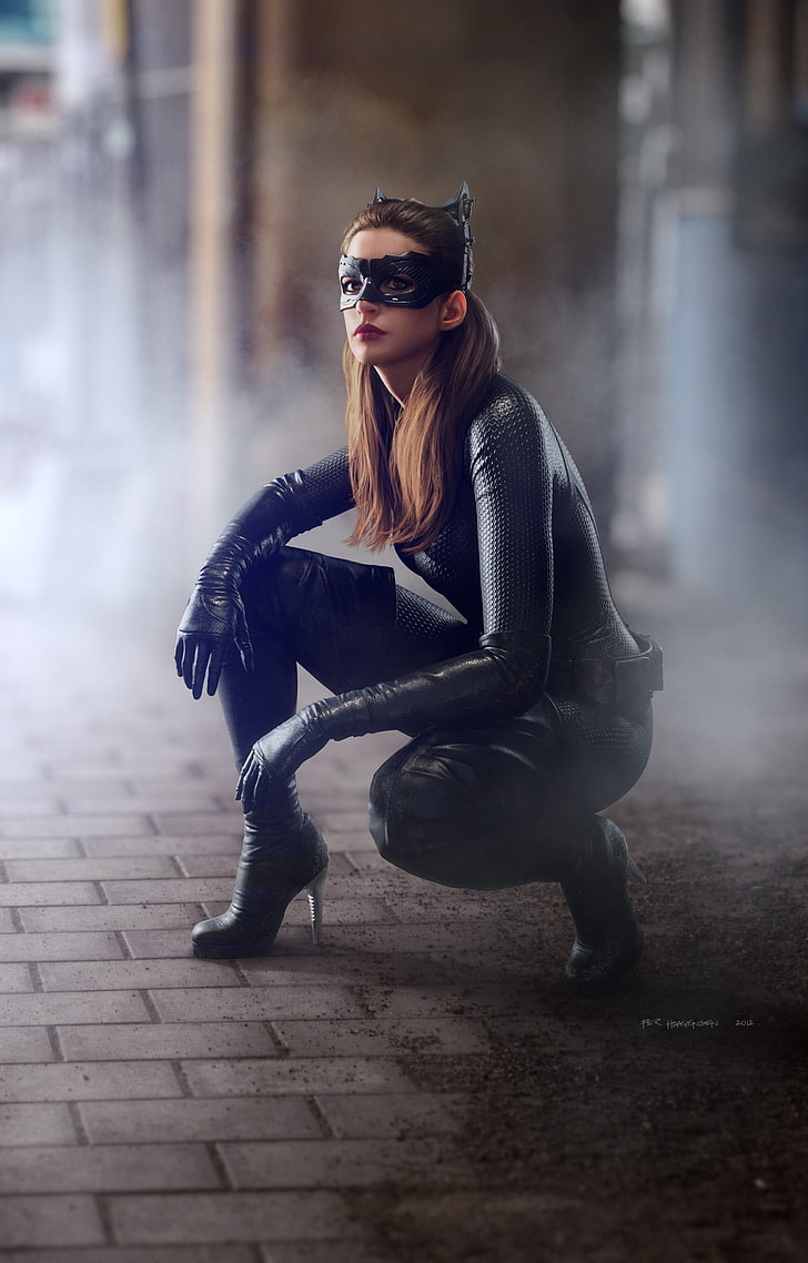 Catwoman, Catwoman, Anne Hathaway, The Dark Knight Rises, 3D, CGI, render, catsuit, Wallpaper HD, wallpaper seluler
