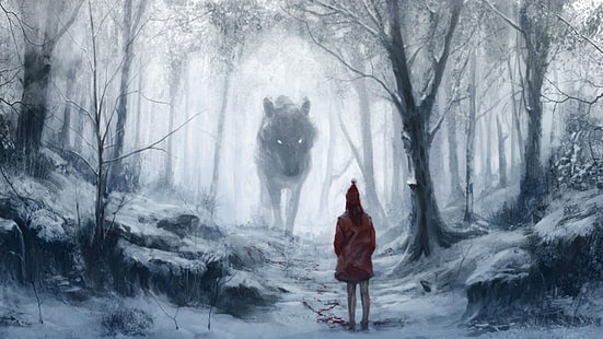 Червената шапчица Рисува вълк гигантски дървета гора HD, гигантски вълк и жена в червено палто илюстрация, фантазия, дървета, рисунка, червено, гора, вълк, малко, гигант, качулка, езда, HD тапет HD wallpaper