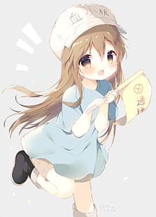 gadis anime, Platelet-chan, blush on, rambut panjang, Hataraku Saibou, berambut cokelat, topi baseball, mata coklat, loli, gaun biru, mulut terbuka, Wallpaper HD HD wallpaper