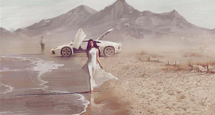سيارة خارقة ، بحر ، فن ، فتاة ، ساحل ، لامبورغيني ، شاطئ ، سيارة ، امرأة سمراء ، مزاج، خلفية HD