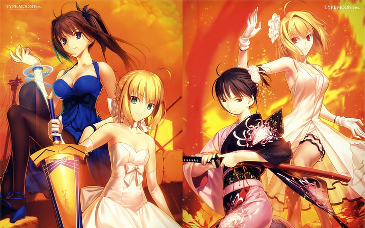 คอลลาจภาพประกอบตัวละครอนิเมะสี่สาว, Type-Moon, Saber, Arcueid Brunestud, Aozaki Aoko, Ryougi Shiki, สาวอะนิเมะ, Fate Series, ชุด, Kara no Kyoukai, Lunar Legend Tsukihime, Mahoutsukai no Yoru, วอลล์เปเปอร์ HD