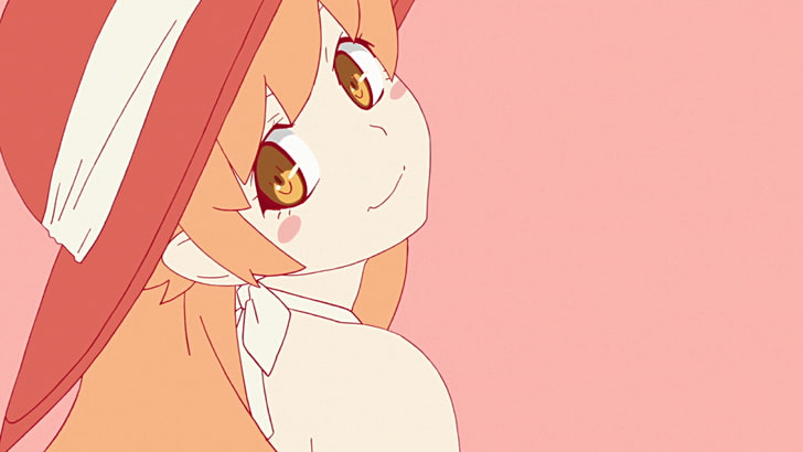 orange haired female anime character with red and white sun hat, Monogatari Series, Oshino Shinobu, minimalism, HD wallpaper