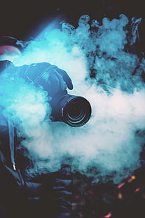 black DSLR camera, camera, photographer, smoke, color smoke, HD wallpaper HD wallpaper