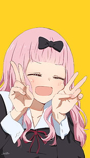 Кагуя-сама: любовь это война, аниме девушки, розовые волосы, улыбка, Тика Фудзивара, HD обои HD wallpaper