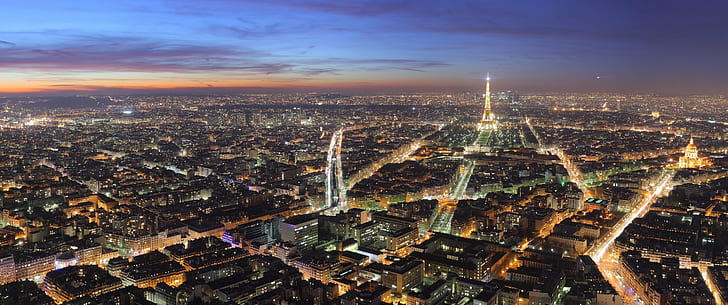 paisaje urbano de anochecer ultra amplio de París, Fondo de pantalla HD
