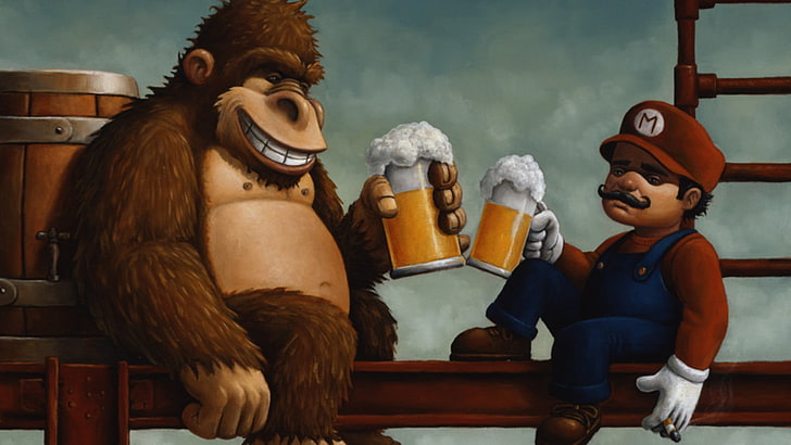 Donkey Kong et Super Mario fond d'écran, humour, Super Mario, Donkey Kong, bière, Fond d'écran HD