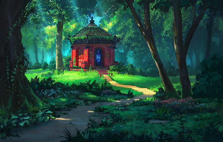 ilustrasi gazebo merah dan hijau, seni digital, karya seni, lanskap, hutan, kuil, Wallpaper HD