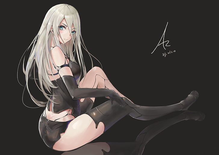 grauhaarige weibliche Anime-Figur-Tapete, Heels, NieR, Nier: Automata, Schenkelstrümpfe, A2 (Nier: Automata), HD-Hintergrundbild