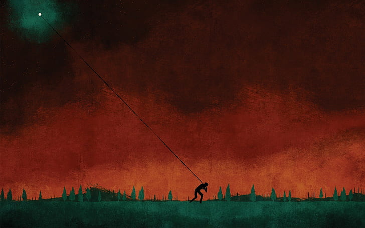 Album Covers, artwork, August Burns Red, Cover Art, digital art, field, Hill, Moon, nature, painting, People, red, ropes, Silhouette, Trees, HD wallpaper