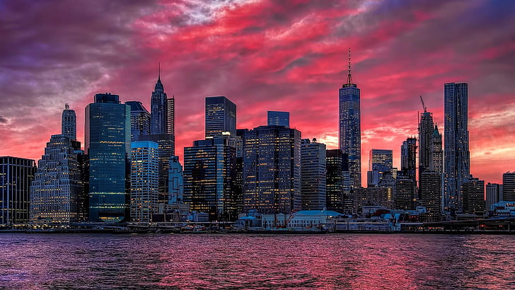 skyline, sunset, united states, sky, reflection, usa, new york, manhattan, nyc, purple sky, cityscape, evening, dusk, pink sky, skycraper, city, metropolis, HD wallpaper