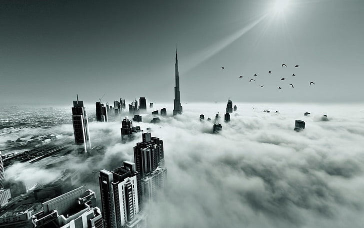 greyscale photography of buildings, landscape, Dubai, United Arab Emirates, mist, skyscraper, architecture, sun rays, monochrome, birds, flying, HD wallpaper