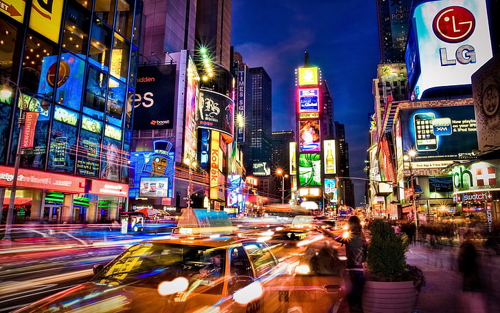 Ню Йорк Таймс Скуеър, Ню Йорк, САЩ, Таймс Скуеър, град, градски, сграда, небостъргач, дълго изложение, кола, такси, 2007 (Година), HD тапет