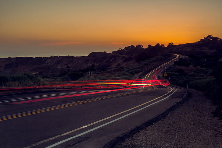 Straße, Lichtspuren, Sonnenuntergang, HD-Hintergrundbild