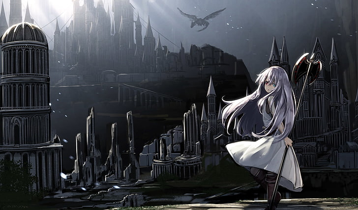 Anime Mädchen, Burg, dunkles Thema, zweifarbige Augen, weißes Haar, Anime, HD-Hintergrundbild