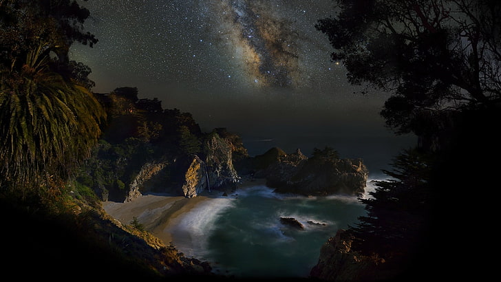 tree, usa, santa lucia mountains, pacific ocean, bay, astronomy, united states, california, starry, big sur, rock, stars, ocean, landscape, starry night, starry sky, night sky, phenomenon, darkness, milky way, sky, atmosphere, night, nature, HD wallpaper