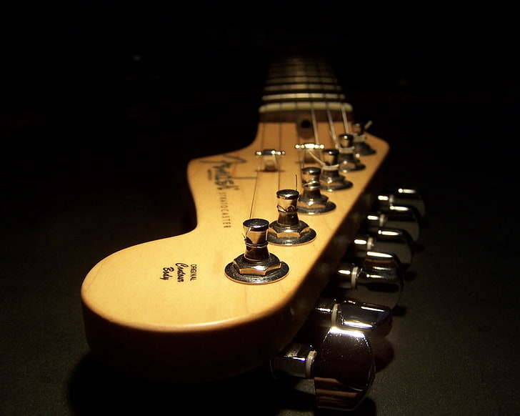 кафява глава за китара Fender, тъмнина, китара, струни, HD тапет