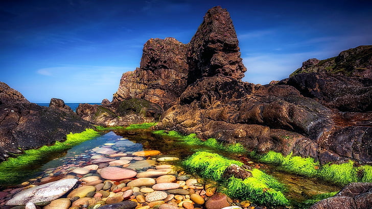 Escocia, roca, grava, cielo, agua, montaña, paisaje, arroyo, formación rocosa, Fondo de pantalla HD