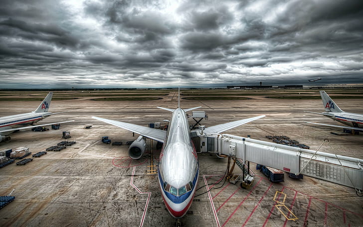 Airport under clouds, white airplane, airport, plane, transport, cloud, HD wallpaper