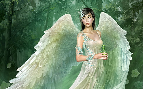 Зеленые крылья ангела-девочки, Грин, крылья, ангела, девушка, HD обои HD wallpaper