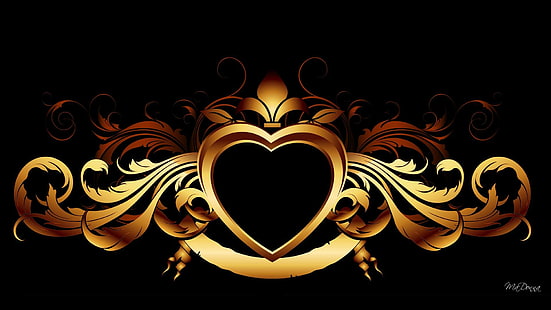 Coeur d'or sur noir, métal, or, Saint Valentin, coeurs, luxueux, doré, luxe, 3d et abstrait, Fond d'écran HD HD wallpaper