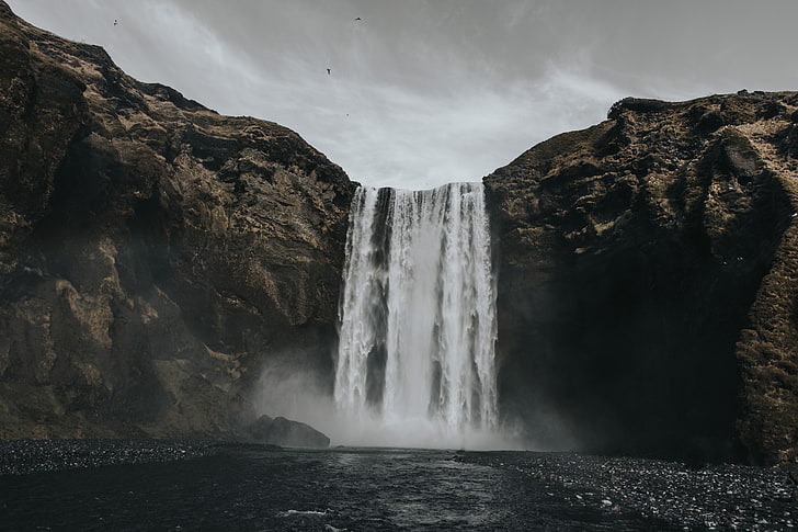 Skogafoss Falls, Iceland, waterfall, hills, river, HD wallpaper