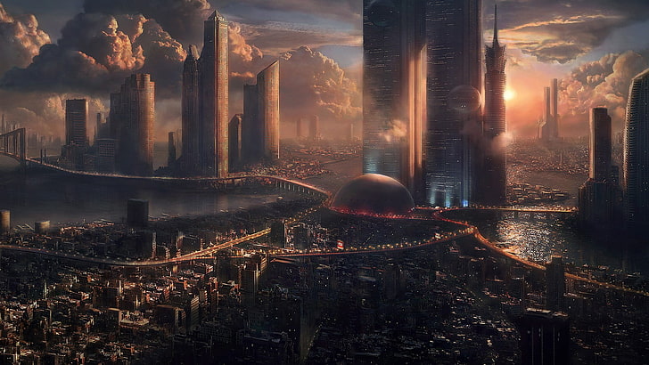 Stadtgebäude digitale Tapete, futuristisch, Architektur, Stadtbild, futuristische Stadt, Science Fiction, HD-Hintergrundbild